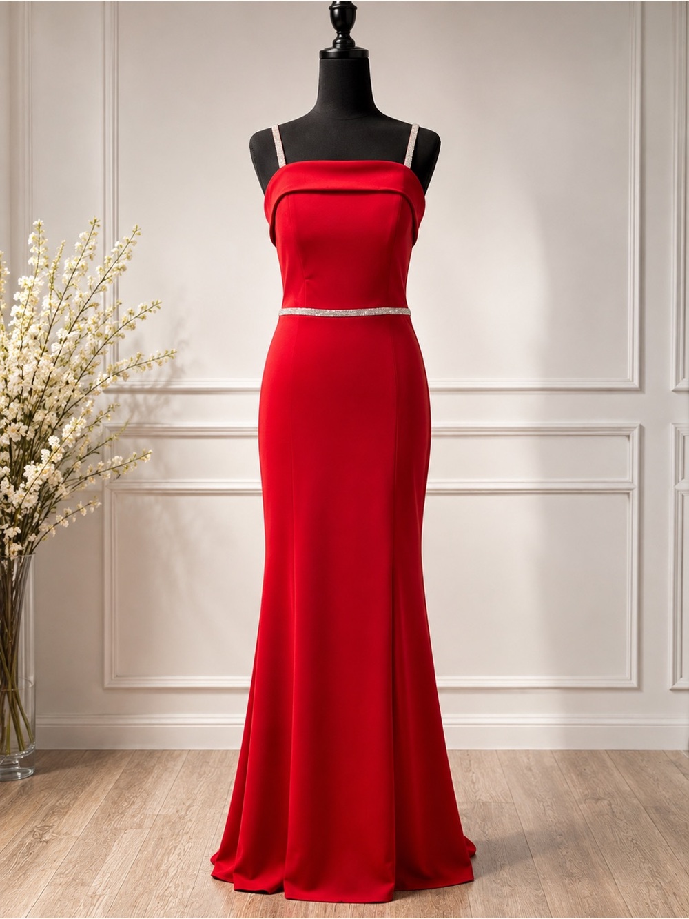 Elegant Red Evening Gown with Rhinestone Accents